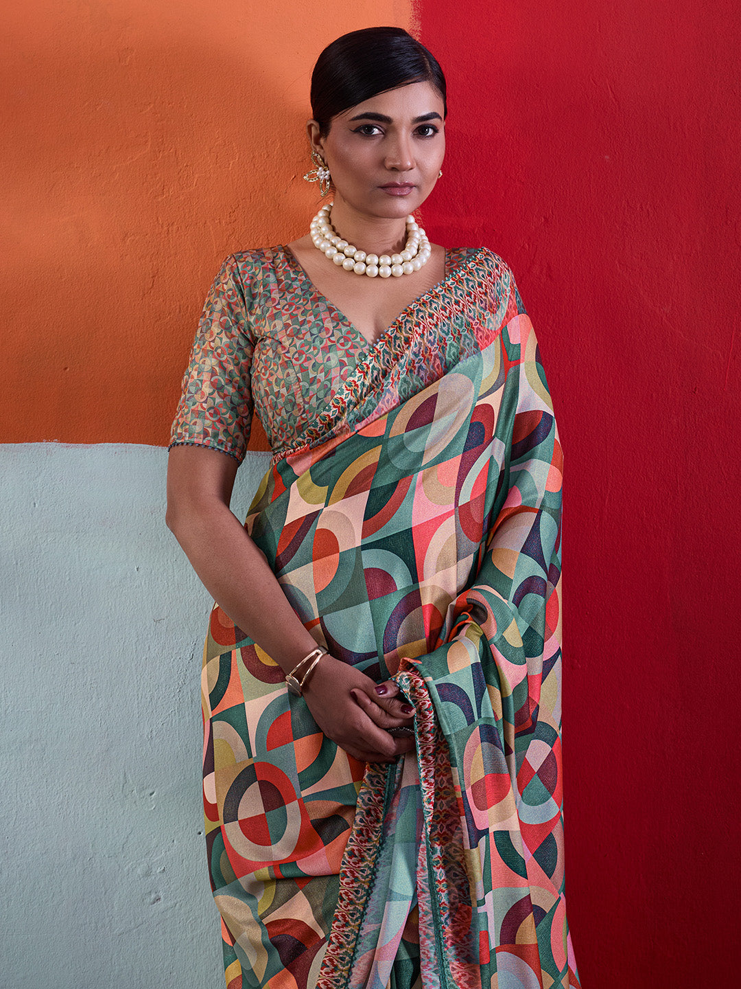 Multi-Colour Cotton Crepe Geometrical Printed Saree