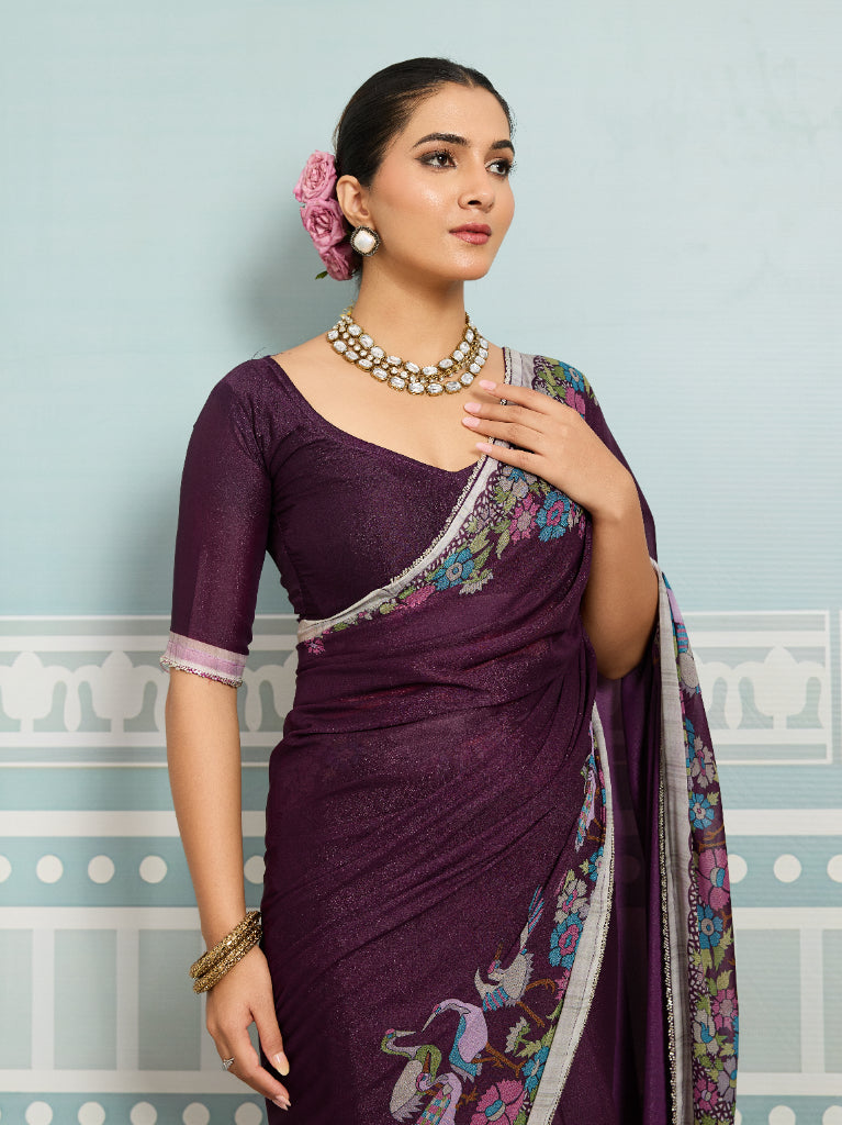 Wine Sparkle Georgette Printed Saree with Beaded Border