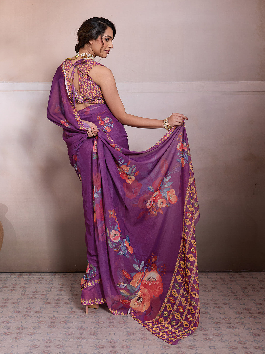 Purple Georgette Floral Printed Saree