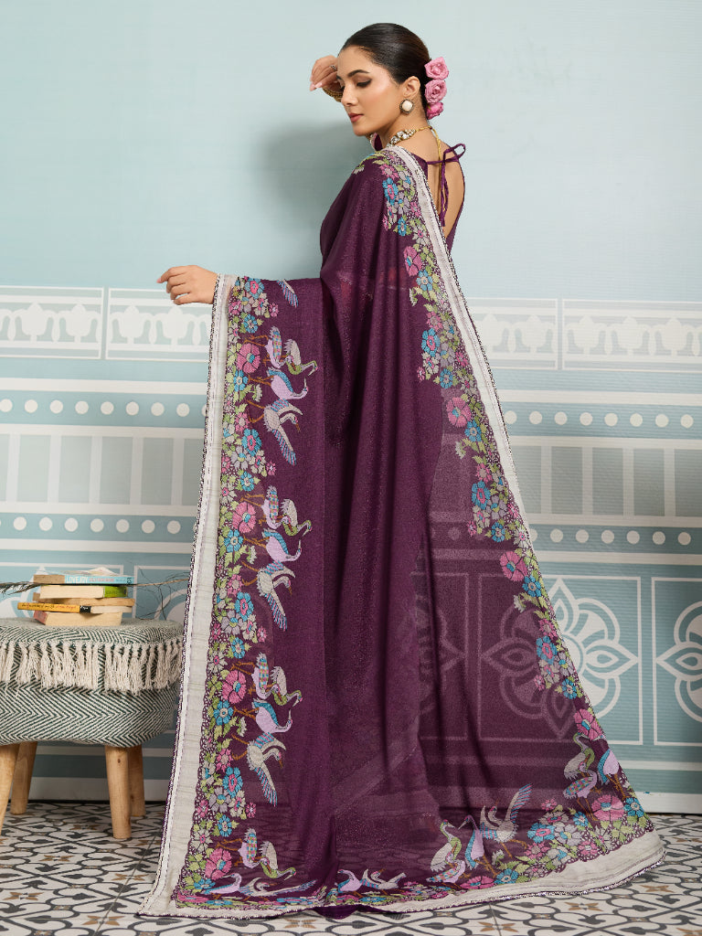 Wine Sparkle Georgette Printed Saree with Beaded Border