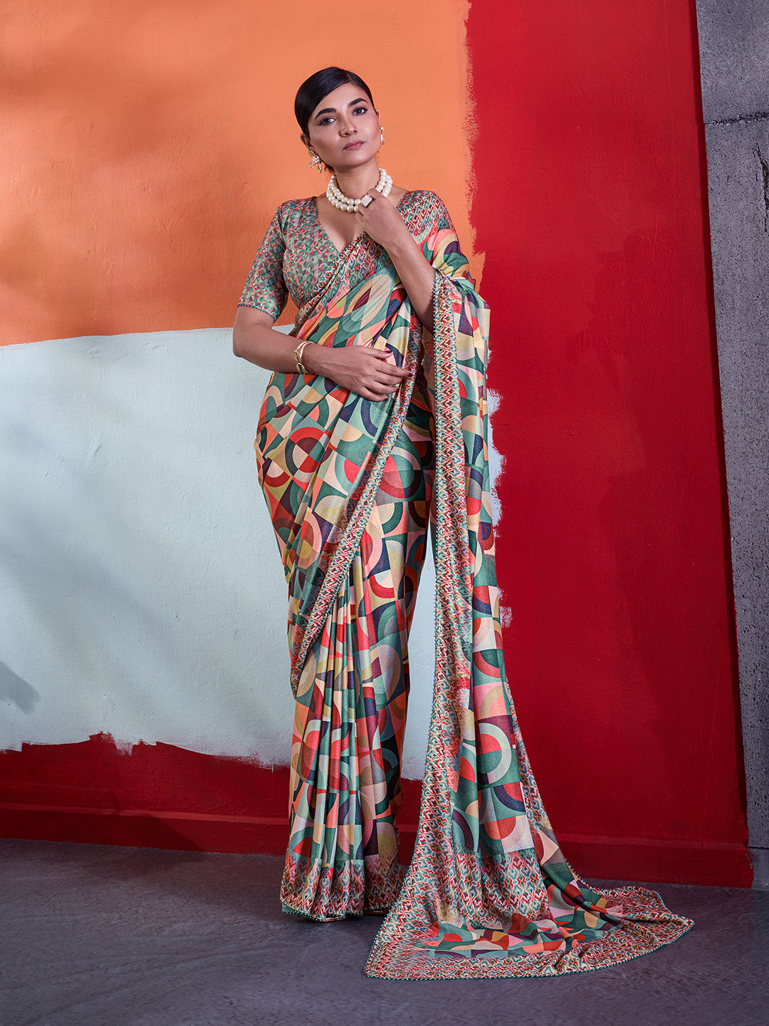 Multi-Colour Cotton Crepe Geometrical Printed Saree sedora couture