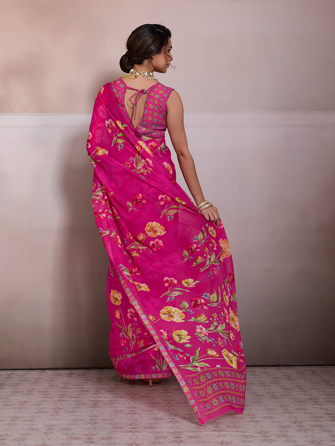 Pink Georgette Floral Printed Saree