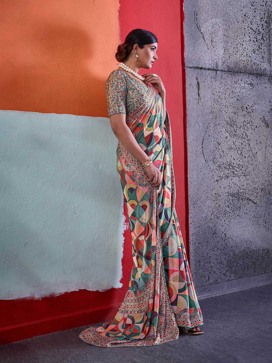 Multi-Colour Cotton Crepe Geometrical Printed Saree sedora couture