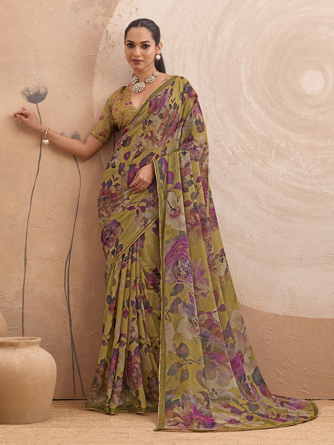 Mustard Georgette Floral Printed Saree