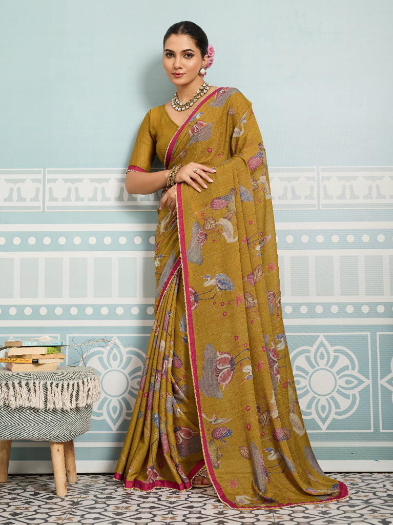 Mustard Sparkle Georgette Printed Saree with Beaded Border