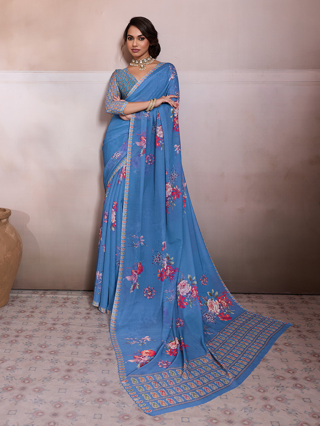 Blue Georgette Floral Printed Saree