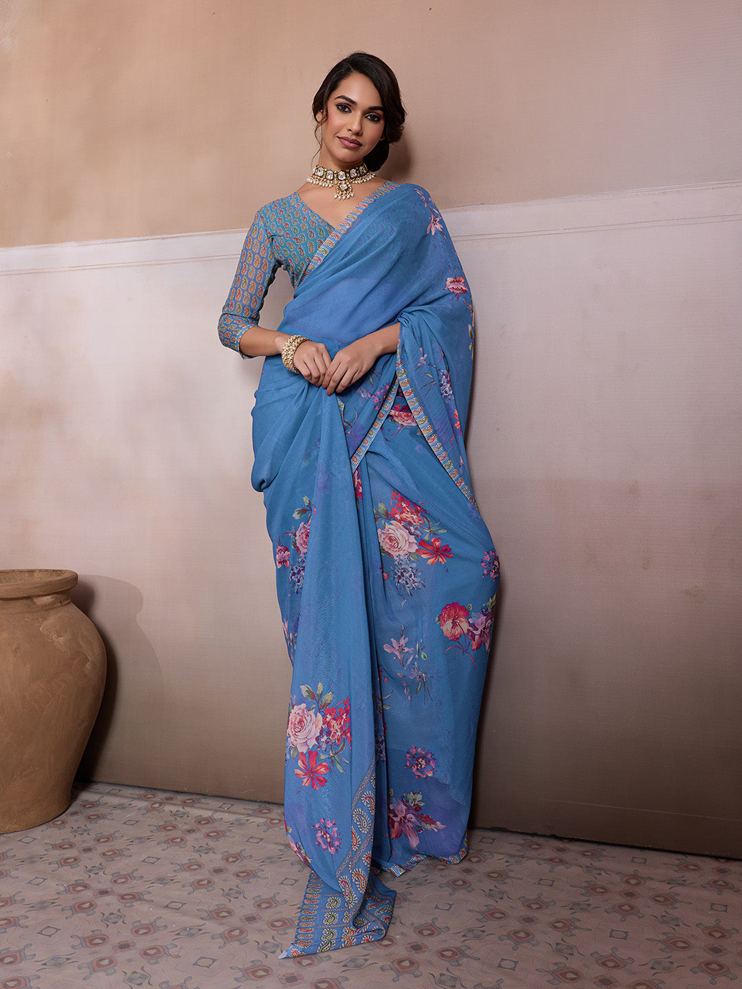 Blue Georgette Floral Printed Saree