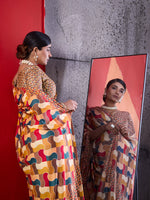 Mustard Cotton Crepe Geometrical Printed Saree sedora couture