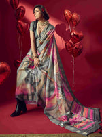 Grey Jacquard Printed Saree with Unstitched Blouse sedora couture