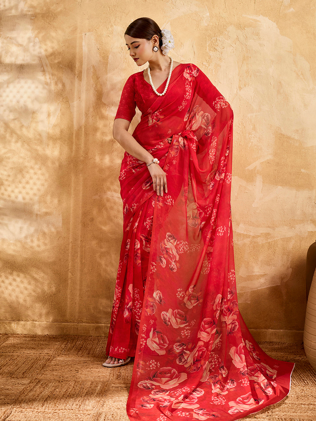 Red Geogette Floral Printed Saree