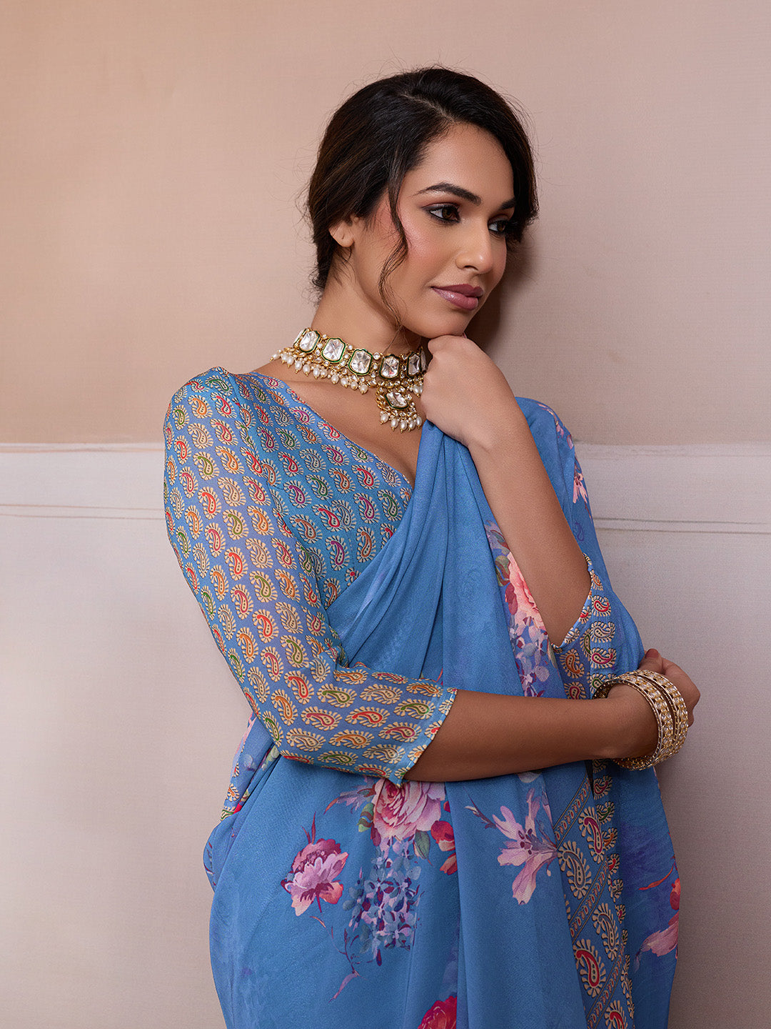 Blue Georgette Floral Printed Saree