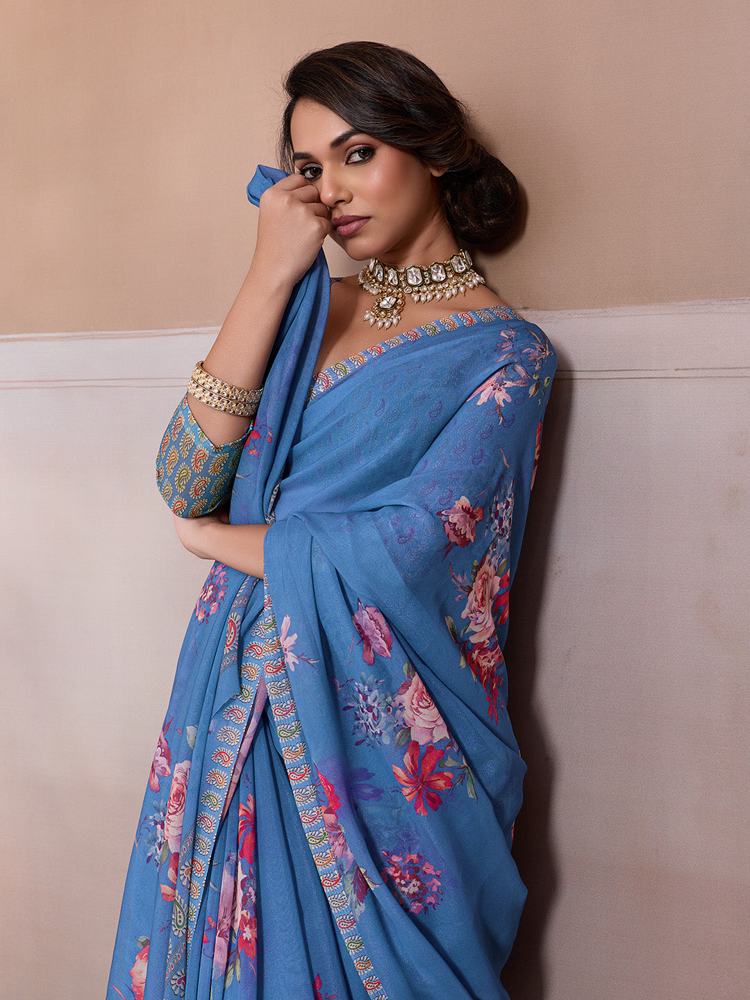 Blue Georgette Floral Printed Saree
