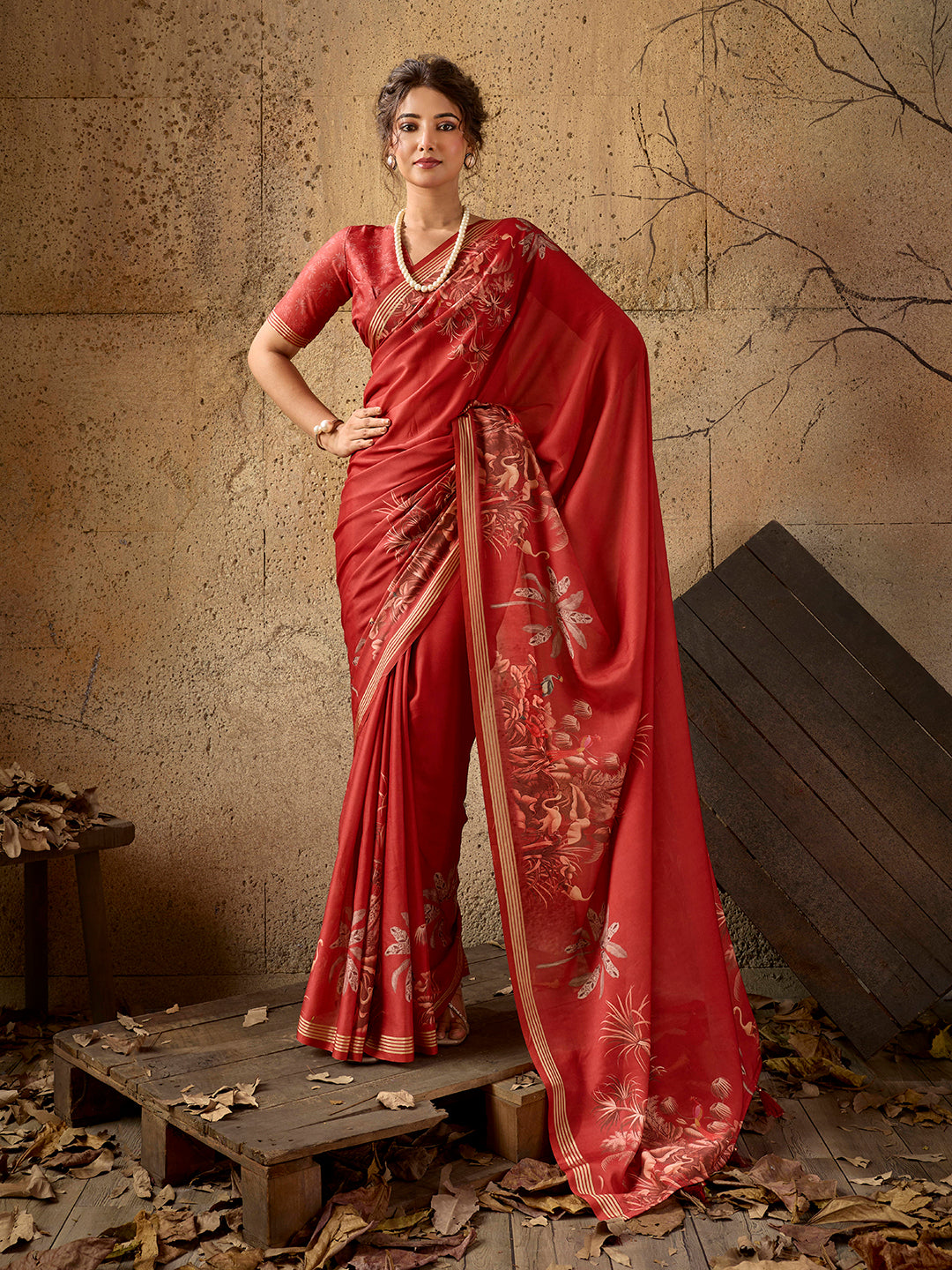 Red Georgette Floral Printed Saree