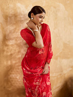 Red Geogette Floral Printed Saree sedora couture