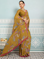 Mustard Sparkle Georgette Printed Saree with Beaded Border sedora couture