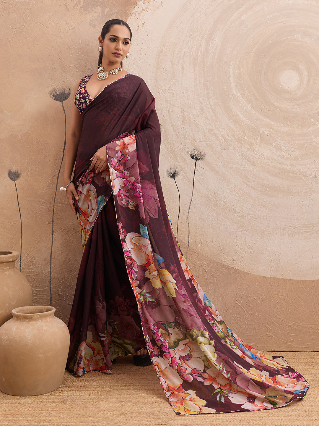Wine Georgette Floral Printed Saree