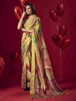 Yellow Jacquard Printed Saree with Unstitched Blouse sedora couture
