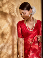 Red Geogette Floral Printed Saree sedora couture