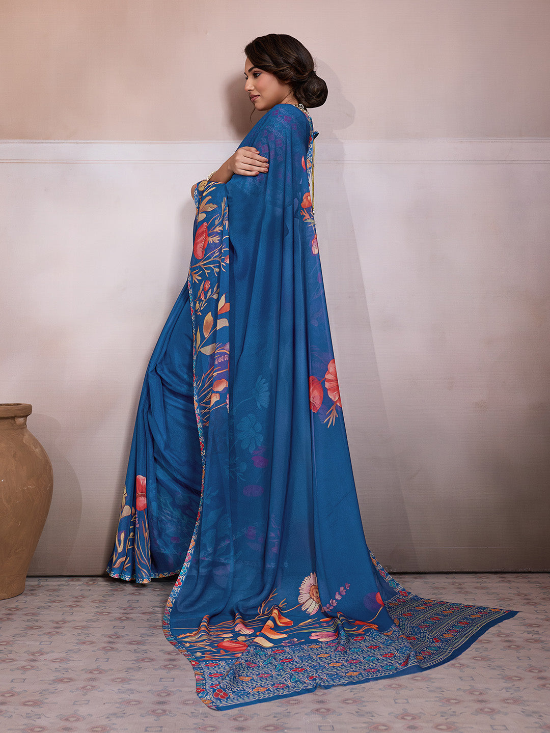Blue Georgette Floral Printed Saree
