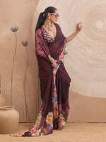 Wine Georgette Floral Printed Saree sedora couture