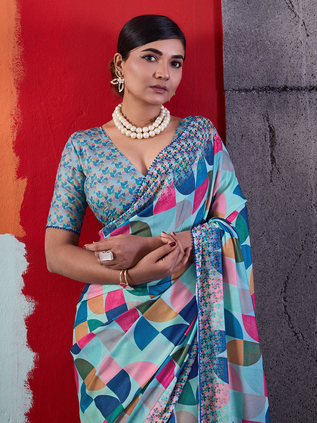 Blue Cotton Crepe Geometrical Printed Saree sedora couture