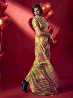 Yellow Jacquard Printed Saree with Unstitched Blouse sedora couture