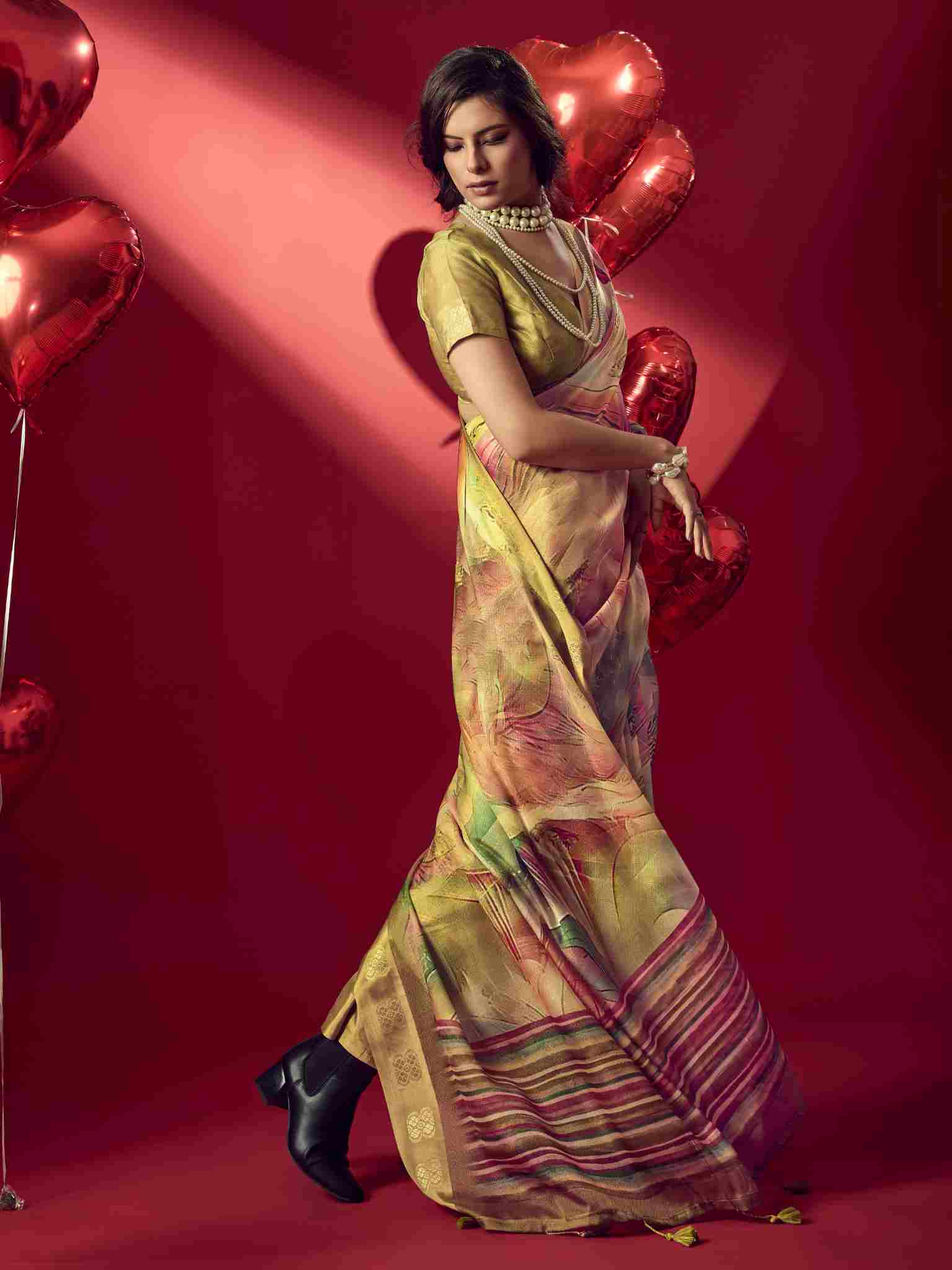 Yellow Jacquard Printed Saree with Unstitched Blouse