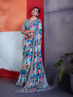Blue Cotton Crepe Geometrical Printed Saree sedora couture