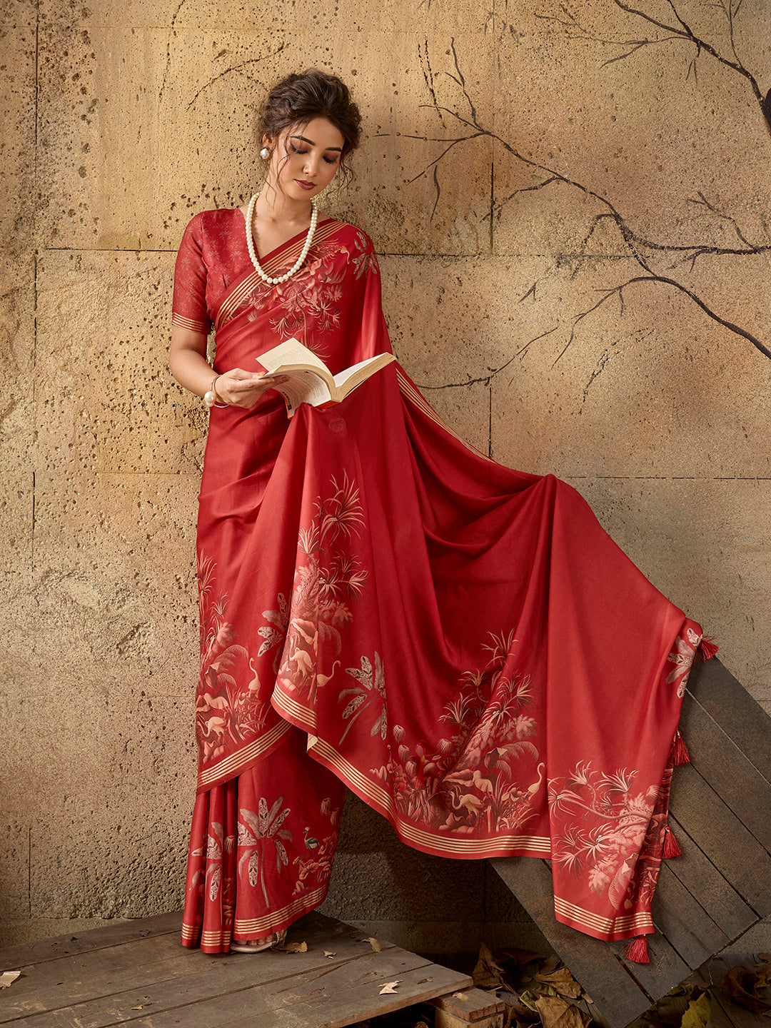 Red Georgette Floral Printed Saree sedora couture