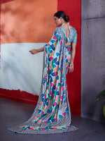 Blue Cotton Crepe Geometrical Printed Saree sedora couture