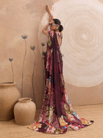 Wine Georgette Floral Printed Saree sedora couture