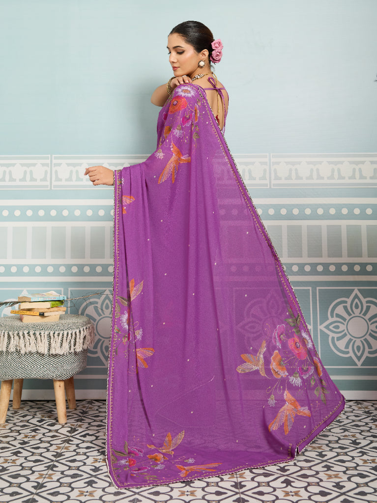 Magenta Sparkle Georgette Printed Saree with Beaded Border