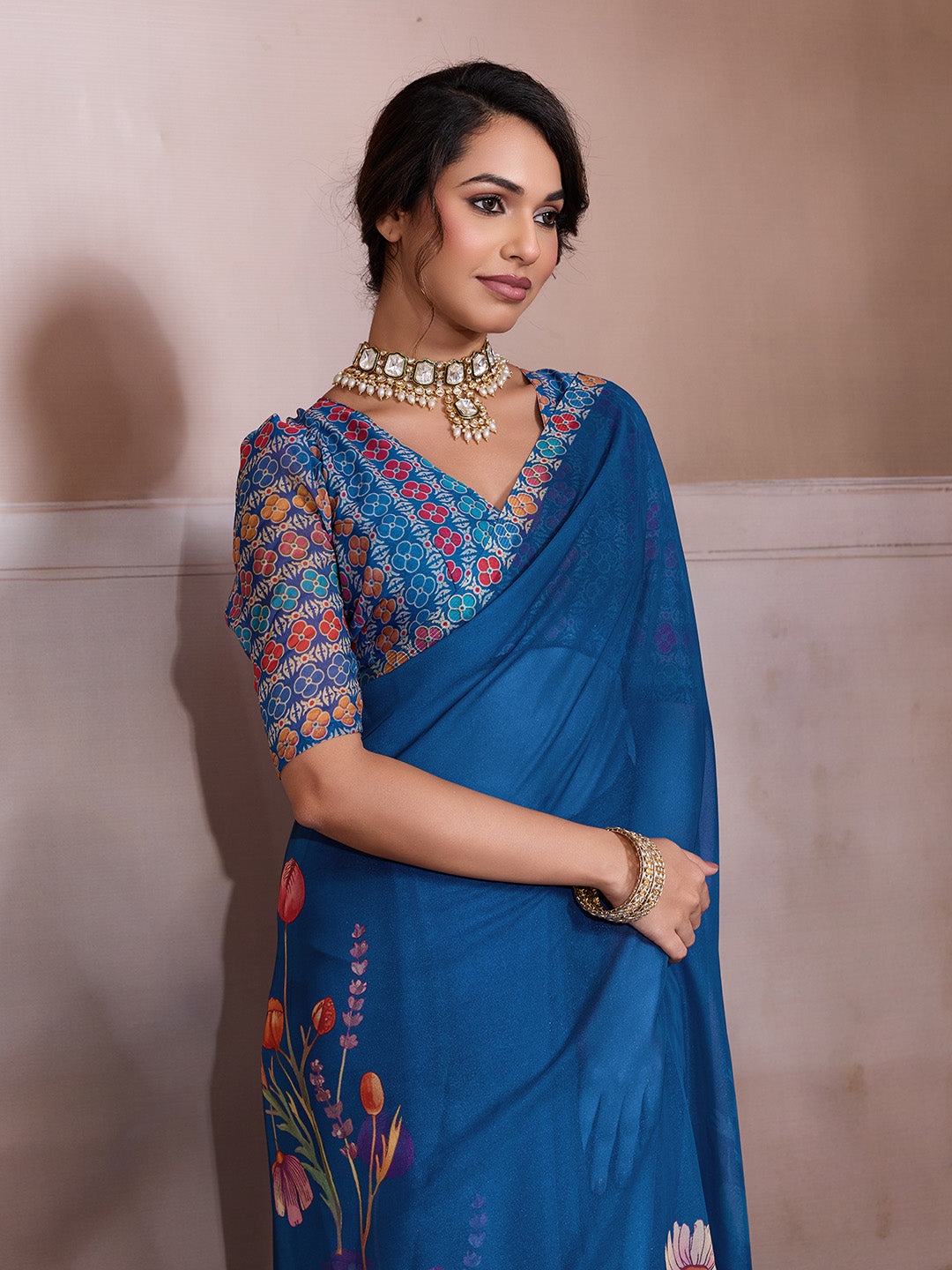 Blue Georgette Floral Printed Saree