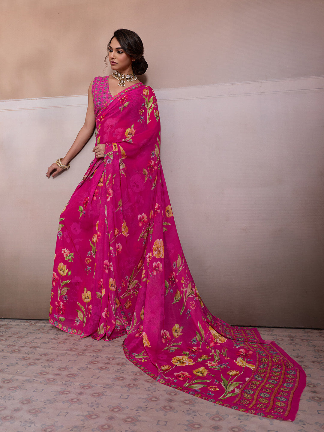 Pink Georgette Floral Printed Saree