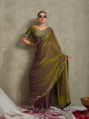 Green-Purple NC Moss Saree with Embroidered Border
