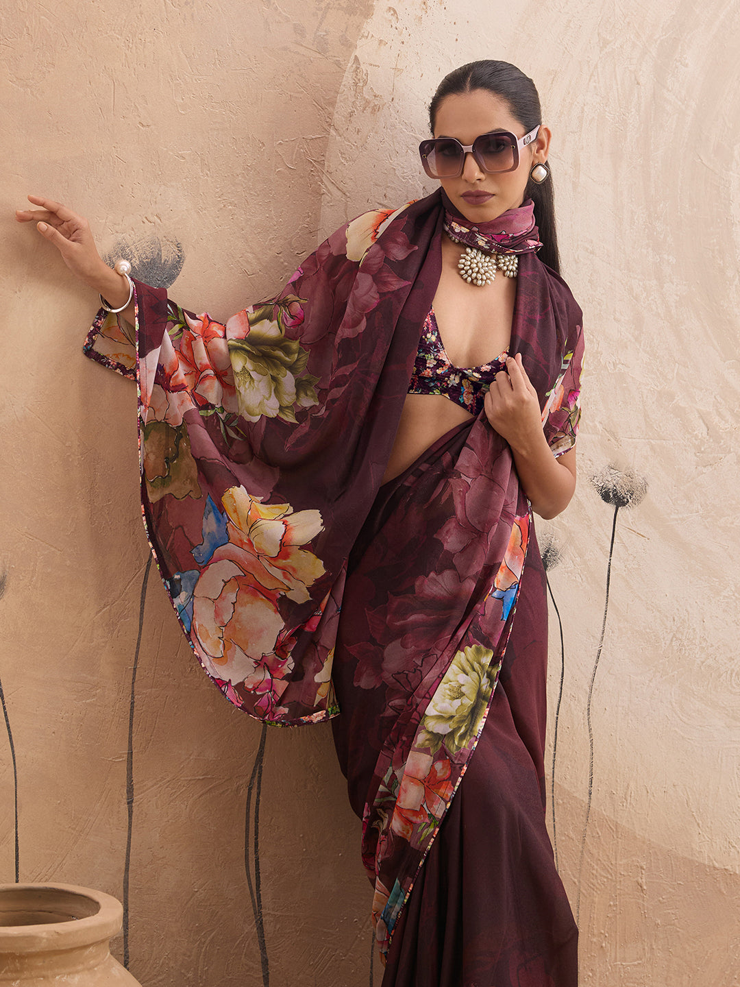 Wine Georgette Floral Printed Saree