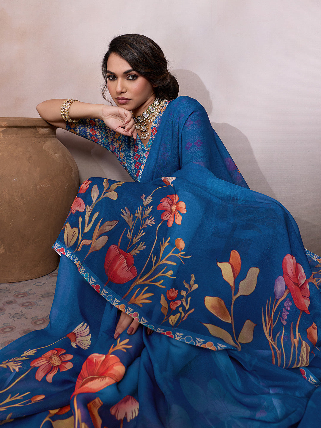 Blue Georgette Floral Printed Saree