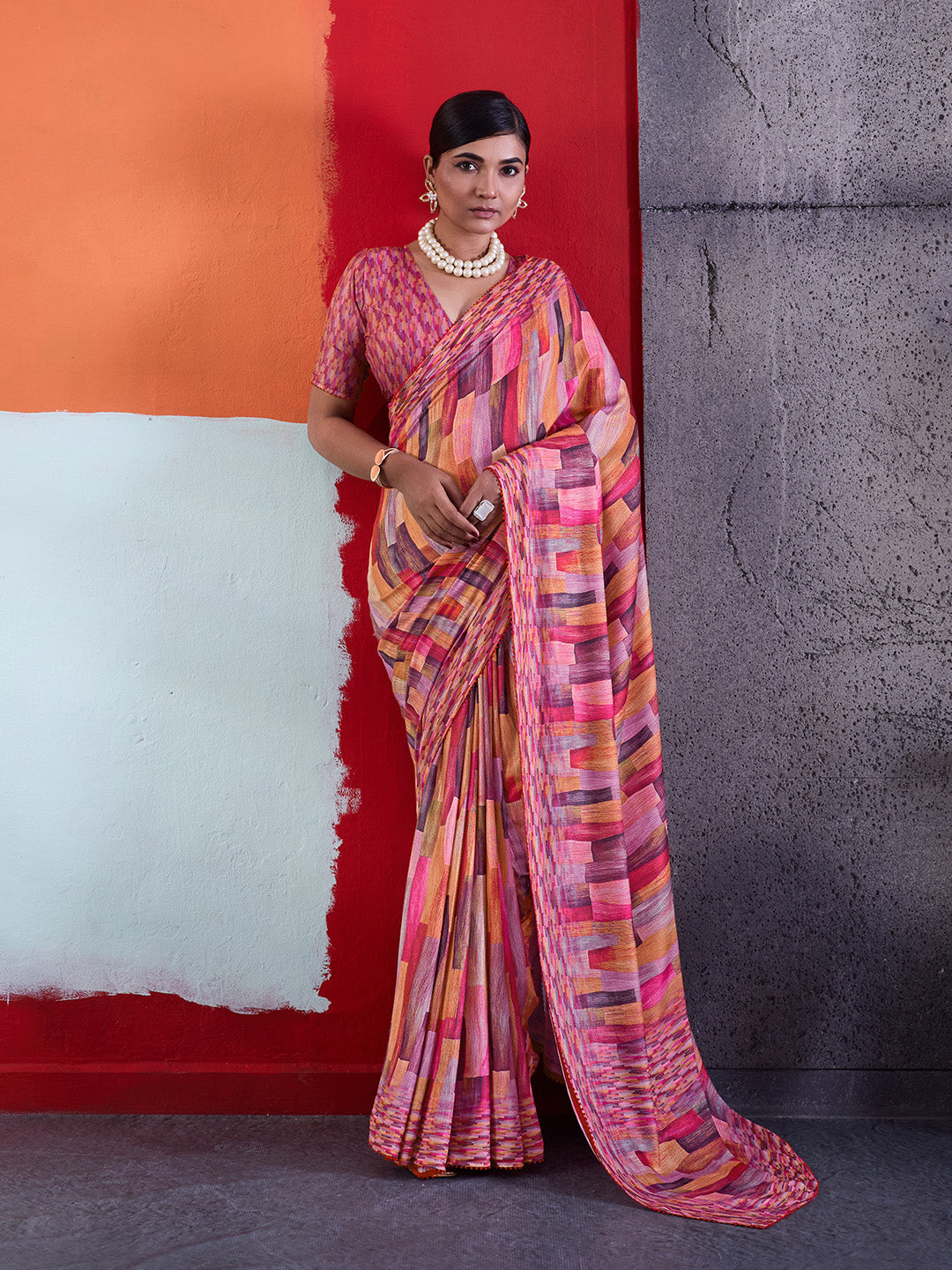 Pink Cotton Crepe Geometrical Printed Saree