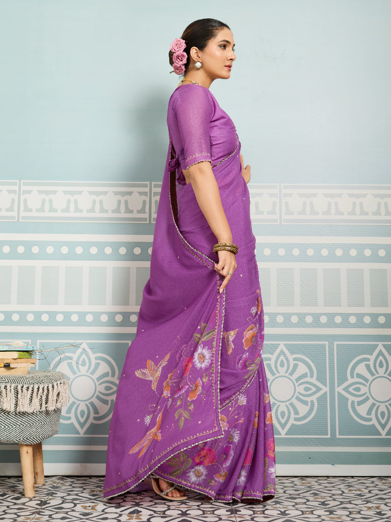 Magenta Sparkle Georgette Printed Saree with Beaded Border