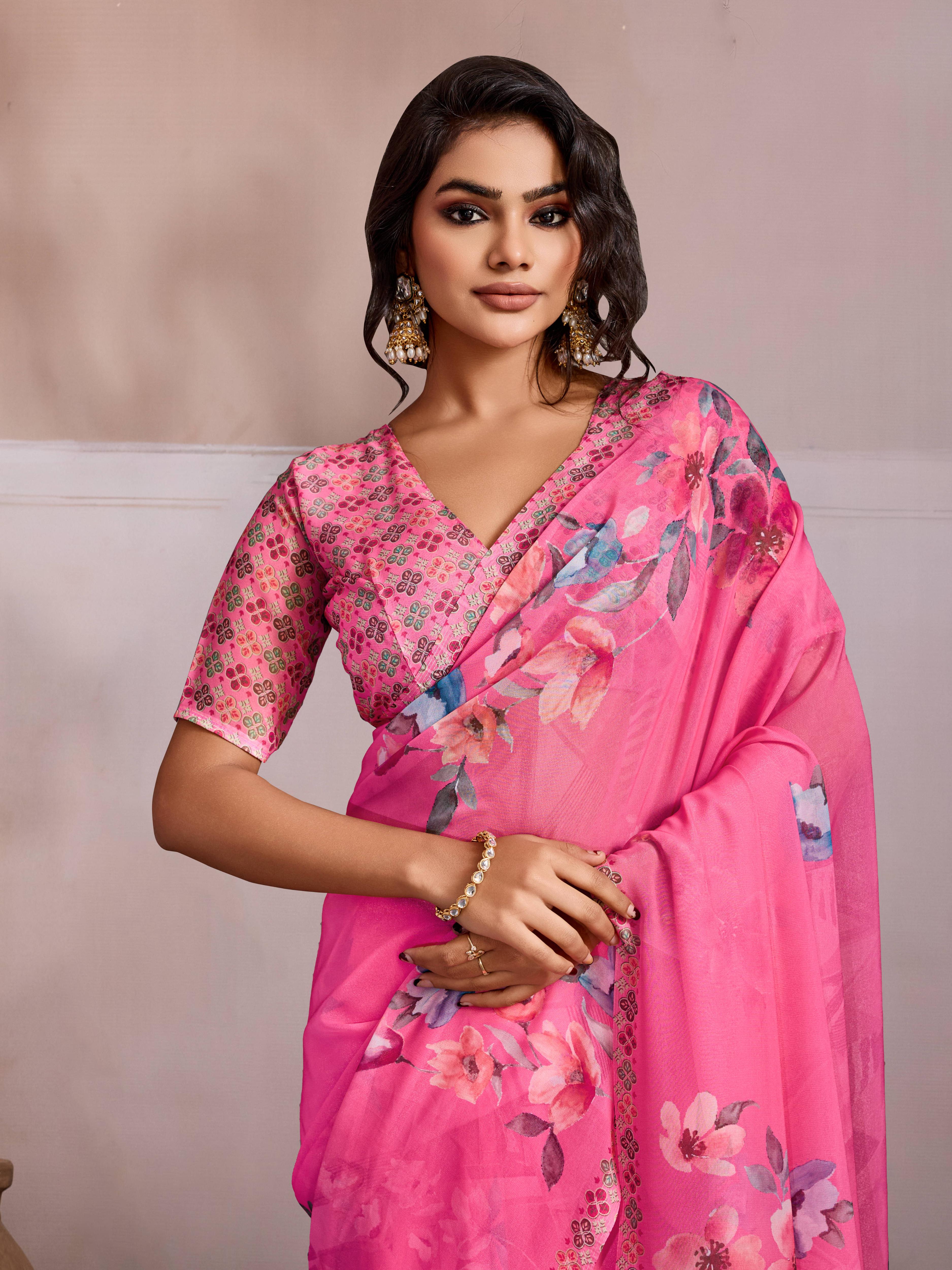 Pink Georgette Floral Printed Saree