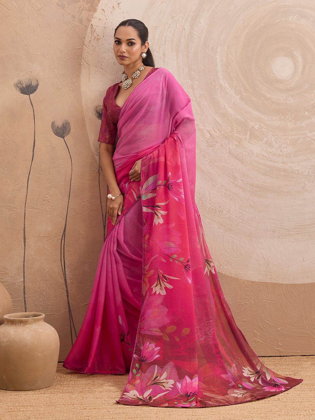 Pink Georgette Floral Printed Saree
