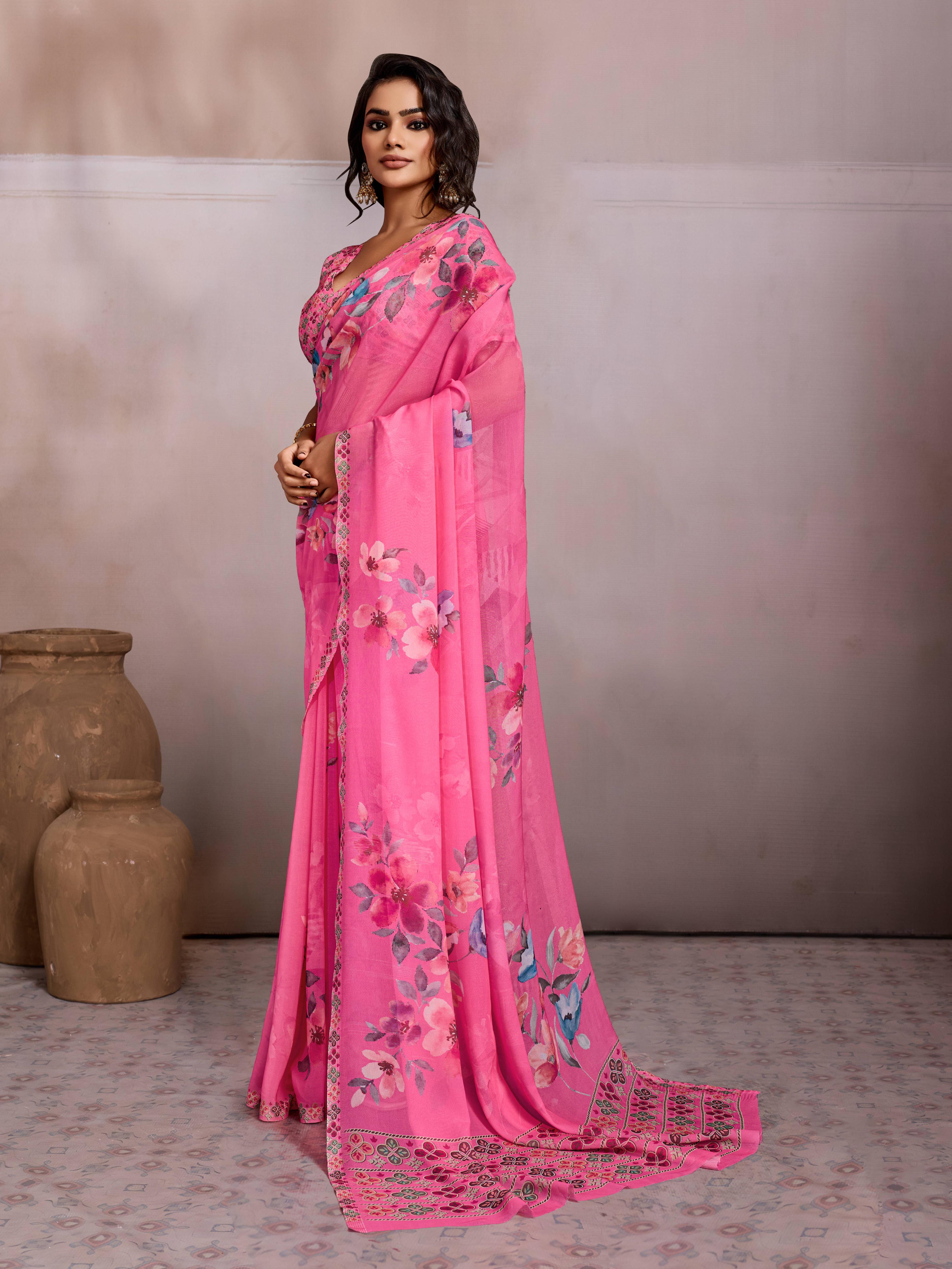 Pink Georgette Floral Printed Saree sedora couture