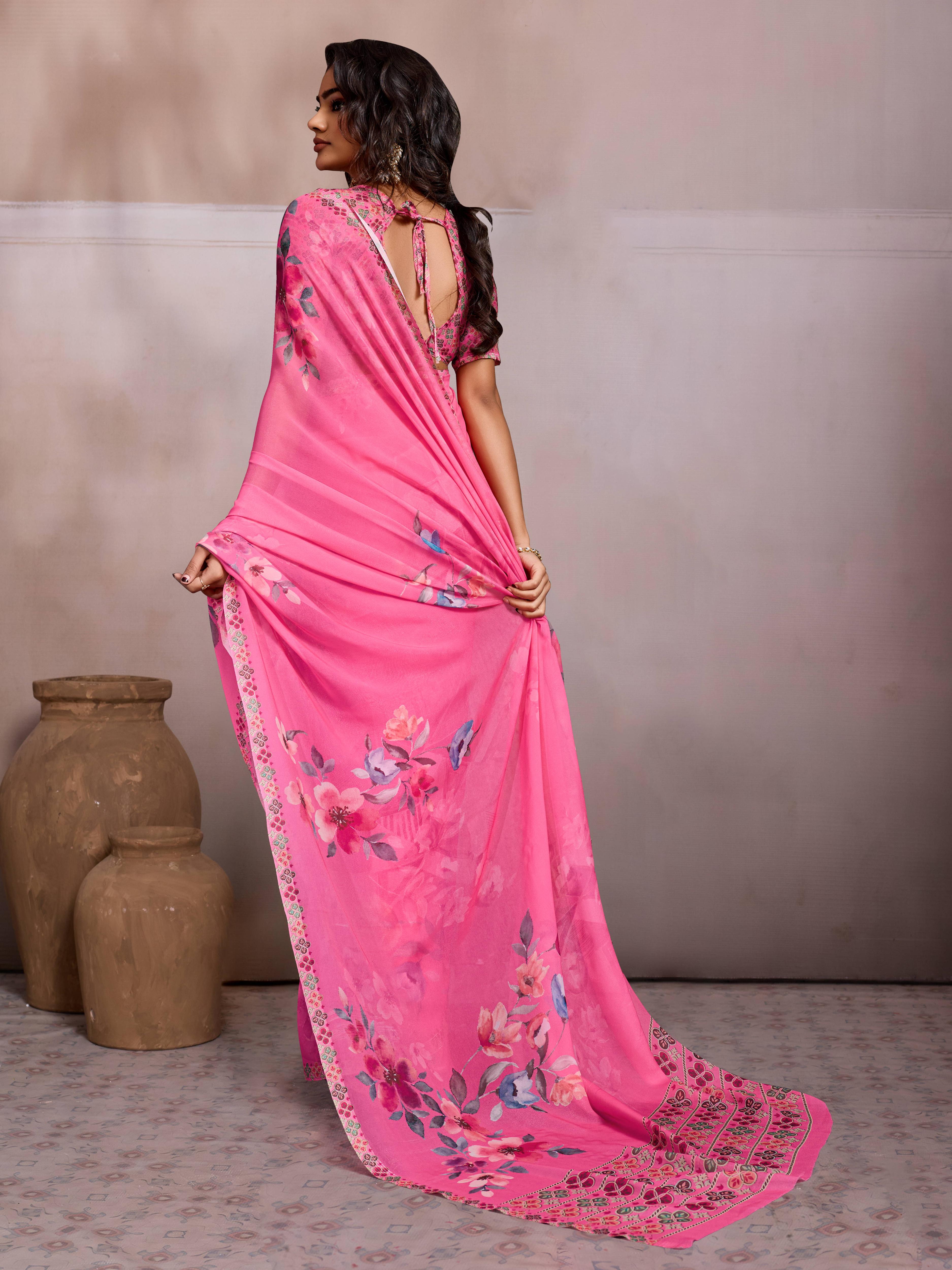 Pink Georgette Floral Printed Saree sedora couture