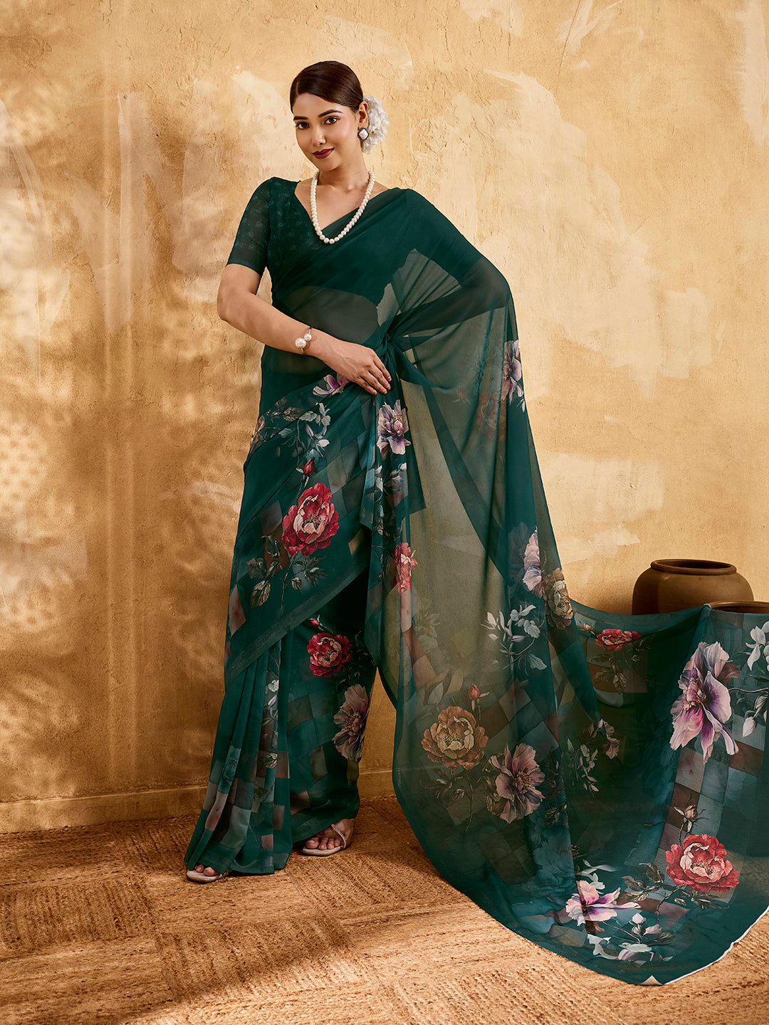 Bottel Green Geogette Floral Printed Saree