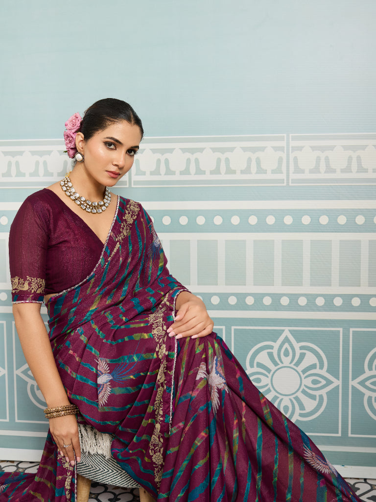 Maroon Sparkle Georgette Printed Saree with Beaded Border