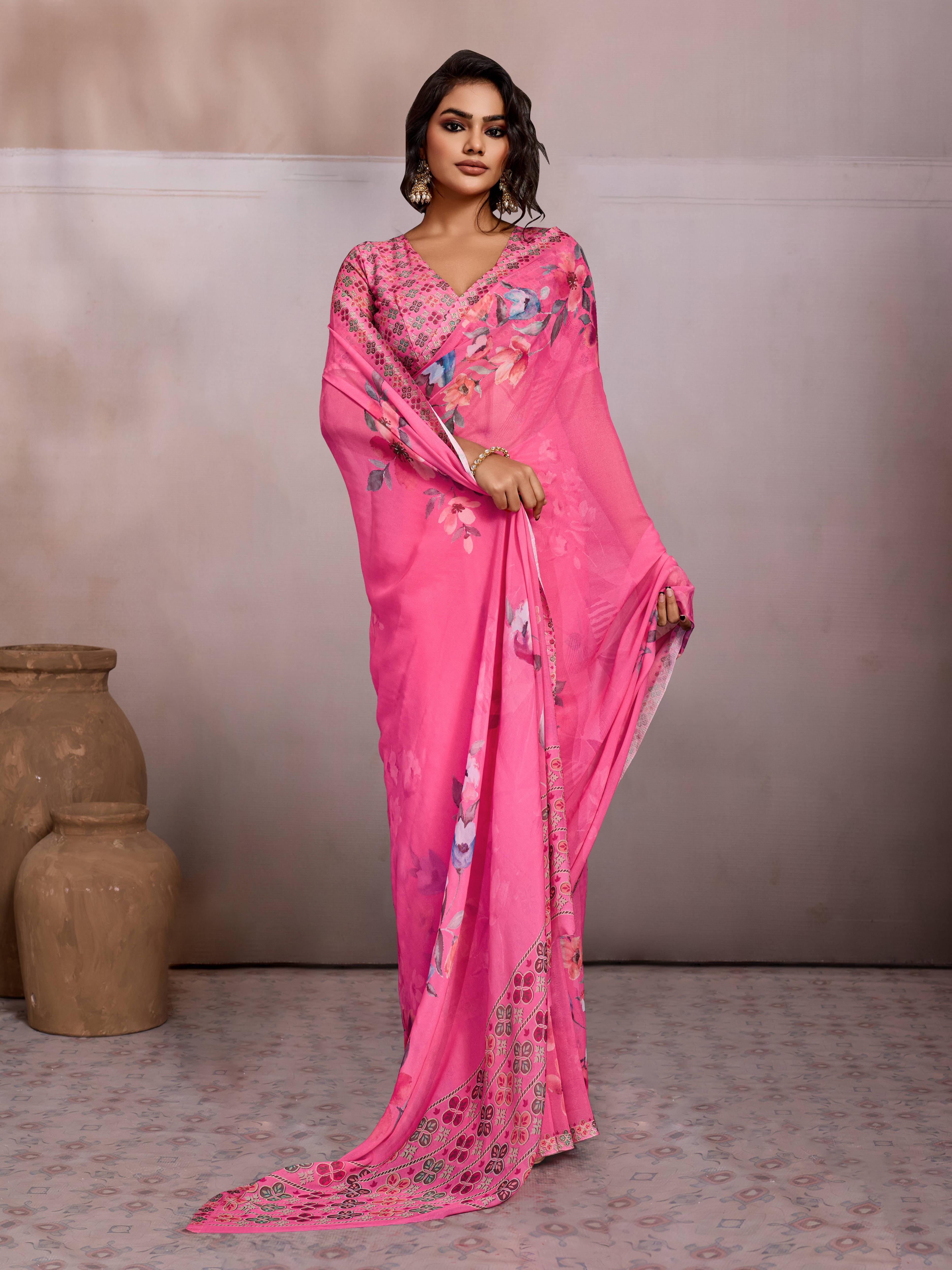 Pink Georgette Floral Printed Saree