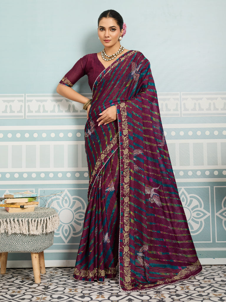 Maroon Sparkle Georgette Printed Saree with Beaded Border