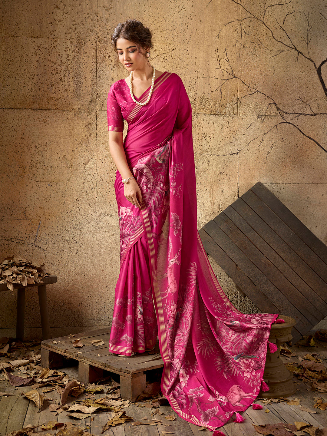 Pink Georgette Floral Printed Saree