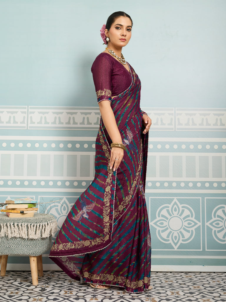 Maroon Sparkle Georgette Printed Saree with Beaded Border