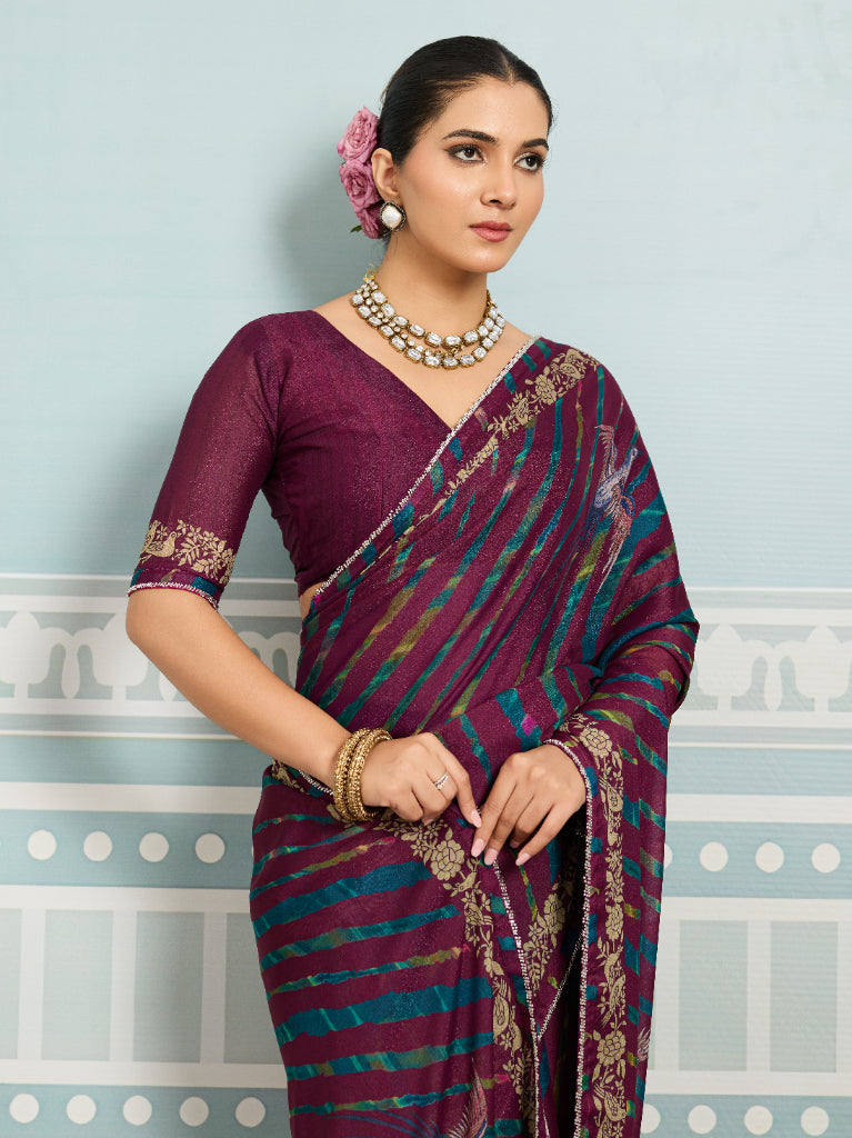 Maroon Sparkle Georgette Printed Saree with Beaded Border